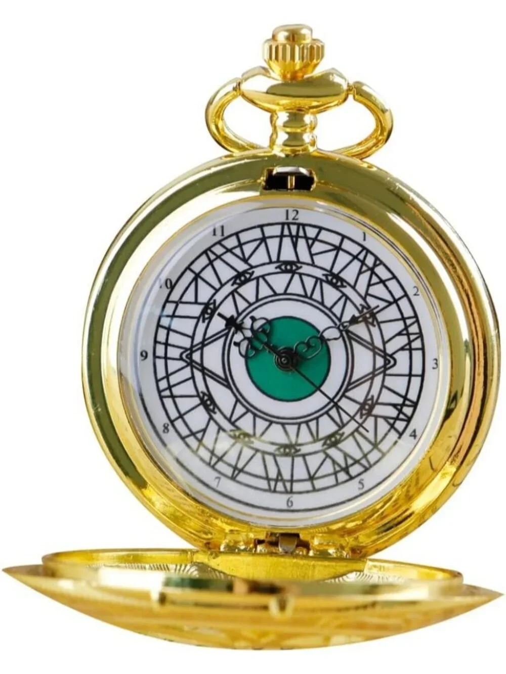 Men's Gold Analog Quartz Green Eyes Shape Pendant Necklace Round Pocket Watch